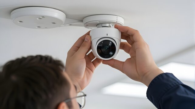 Technician installing a white dome security camera on a ceiling mount for surveillance monitoring and enhanced safety in a professional environment
