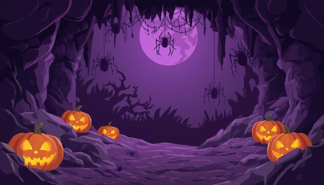 spooky dark purple cave at night full moon halloween background
