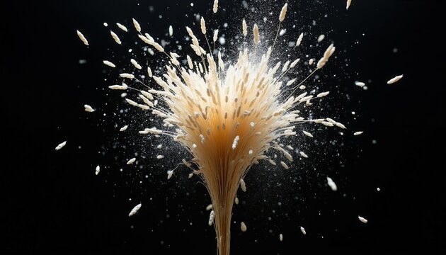 Abstract image of exploding rice grains scattering with dust particles against a dark background. Highlights raw ingredient motion, texture, and agriculture.