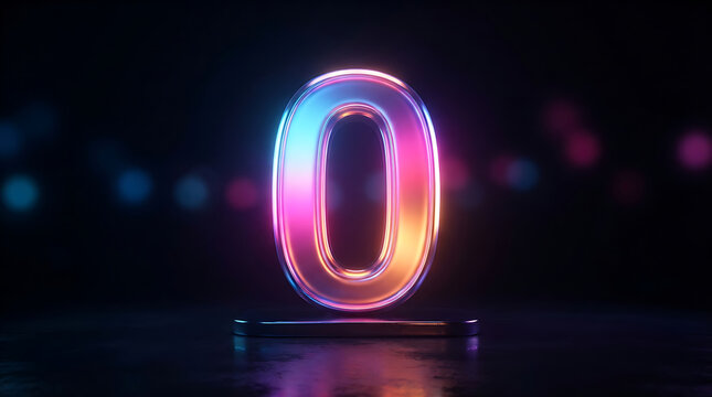 Glowing iridescent number zero with metallic finish and soft bokeh background for modern digital design and vibrant promotional marketing concepts
