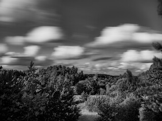 A black and white landscape captured in a long exposure with strong winds. Trees and clouds move. © Piotr