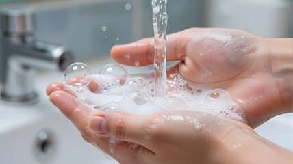 Fototapeta premium Close up of person washing hands with soap bubbles under running water in a bright bathroom setting to maintain personal health with covered thick white soap lather bubbles