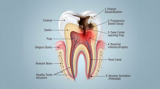 Detailed diagram of a human tooth with labeled parts and structures, dental care