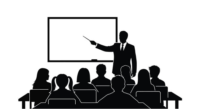 Classroom scene with teacher and students in black silhouette against a white background silhouette lecture education learning teaching instructor professor