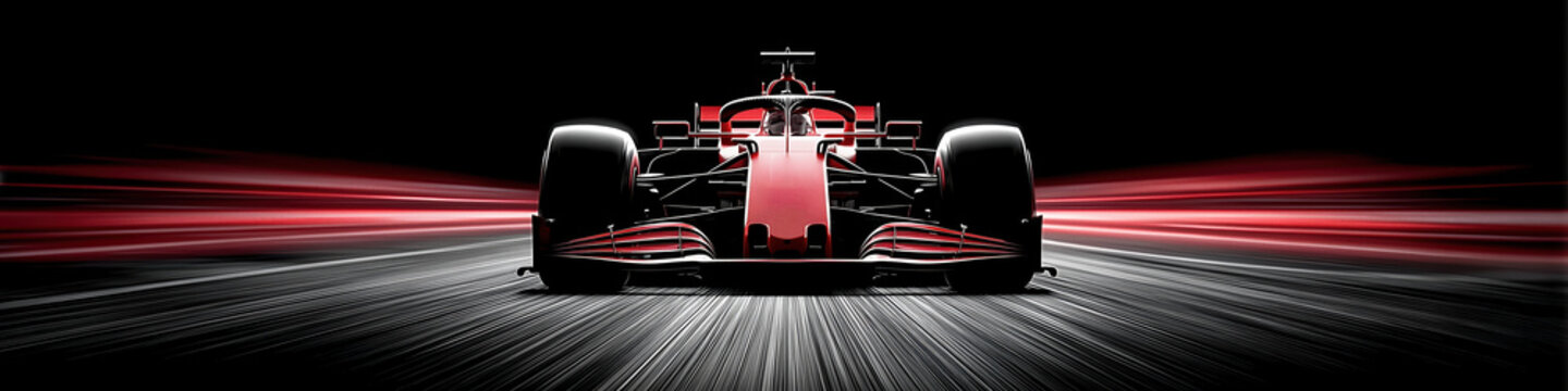 Modern red Formula 1 racing car speeding on a track at night with motion blur light trails and high contrast lighting on a black background.