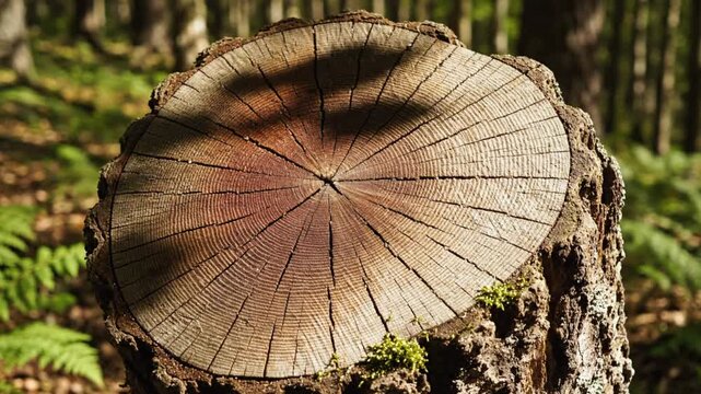 Close up of a tree stump with detailed wood grain and sunlight in a forest environment