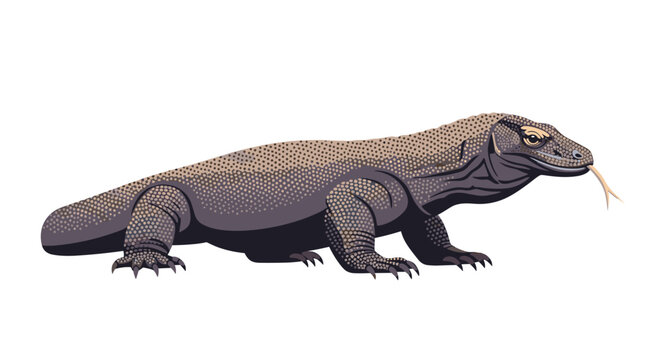 Komodo dragon monitor lizard walking with its tongue sticking out, shown in profile view on white background.