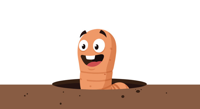 Friendly pink cartoon earthworm smiling cheerfully as it pops its head out of a dirt hole, white background.