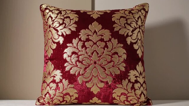 Luxurious burgundy velvet pillow with gold damask pattern resting on a white surface