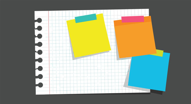 Yellow, orange, and blue colorful sticky notes with colored tapes stuck on a sheet of notebook paper.