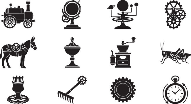 Set of black silhouette icons featuring vintage steam train gears and mechanical steampunk elements isolated on white background, Vector