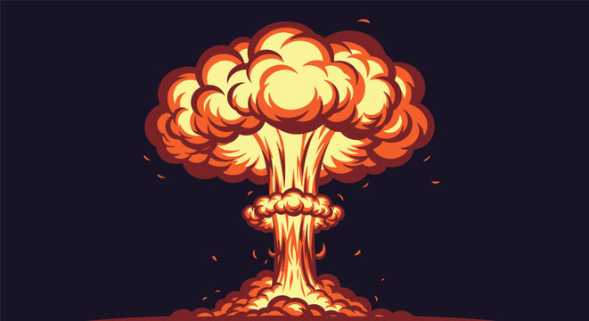 Giant fiery orange and yellow mushroom cloud from a powerful nuclear bomb explosion against dark background.