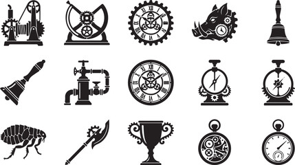 Obraz premium Set of black steampunk icons with mechanical gears and vintage industrial elements for design projects isolated on white background, Vector