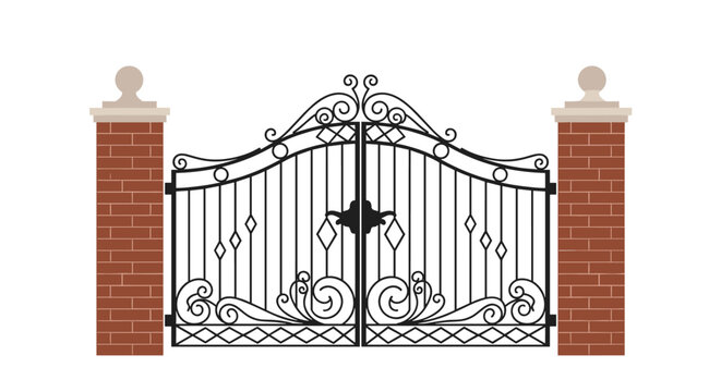 Elegant black wrought iron garden gate with classic scrolls between two red brick pillars, vector design.