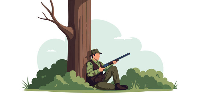 Hunter wearing a green camouflage outfit sitting under a large tree trunk with a shotgun in his hands waiting in the forest bushes.