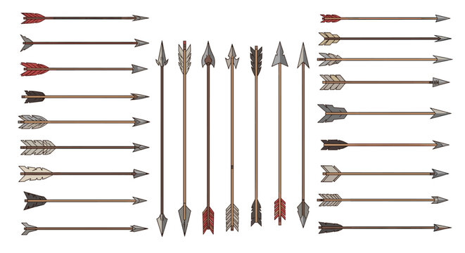 Variety of medieval wooden arrows with different arrowhead shapes and fletching colors pointing left, right, and up.