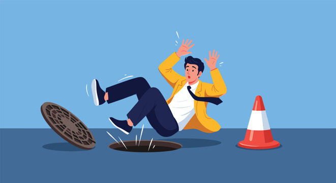Businessman in a yellow jacket tripping and falling backwards into an open sewer manhole on a city street during work.