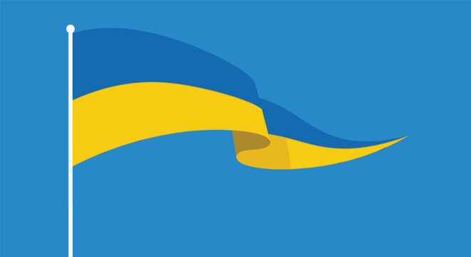 Flag of Ukraine with its iconic blue and yellow colors waving gracefully on a flagpole against a clean blue sky background.