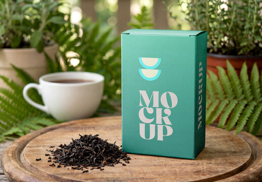Tea Cardboard Box Mockup on Wooden Board with Loose Tea Leaves and Cup
