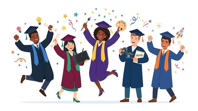 Happy diverse university graduates celebrating their academic success with colorful confetti