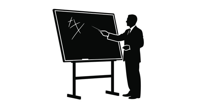A teacher presenting to a chalkboard with a pointer depicted as a black silhouette professor educator instructor presenter lecturer blackboard