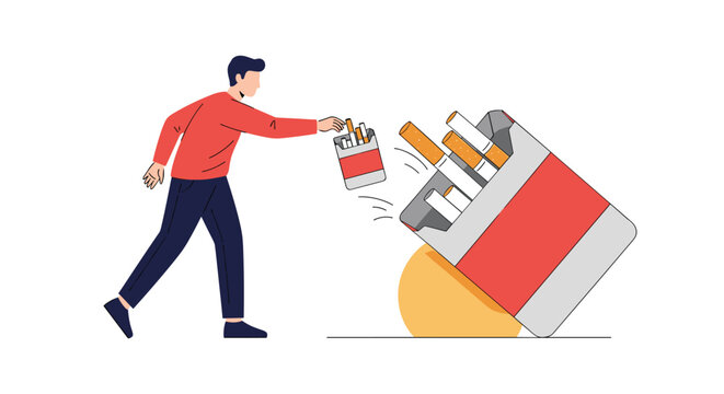 Young man throwing away a small pack of cigarettes into a giant tipped over cigarette carton representing smoking cessation.