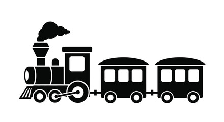 Steam train with two cars depicted as a black vector silhouette against a white background locomotive railroad railway engine carriage © Creativekhairul02