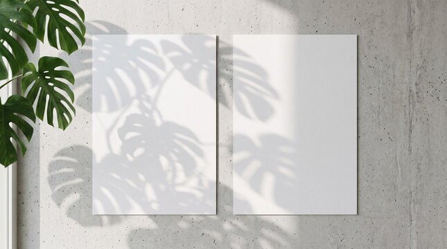 Mockup de dois p&ocirc;steres A4 verticais em branco na parede de concreto. Apresenta&ccedil;&atilde;o minimalista de design com sombras est&eacute;ticas de folhas de monstera e luz natural