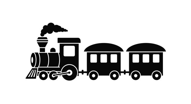 Steam train with two carriages a black vector silhouette against a white background silhouette locomotive railroad carriage wagon transport travel