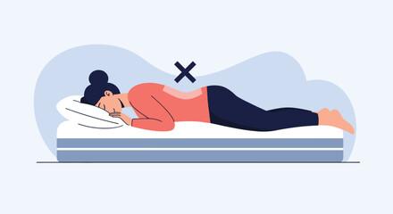 Fototapeta premium Educational illustration showing a woman sleeping in an incorrect prone posture on her stomach with a cross sign.
