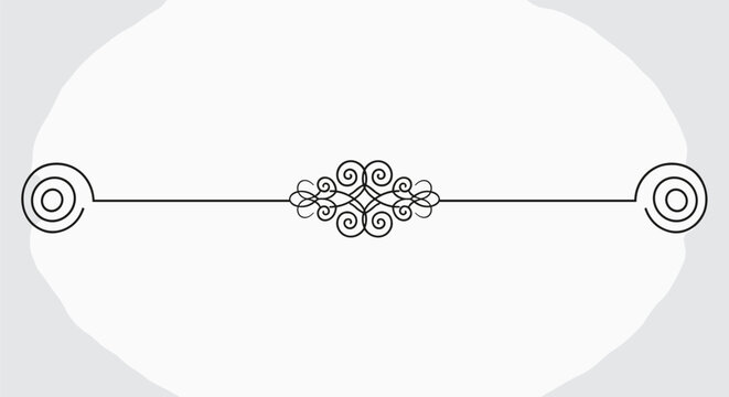 Elegant retro line divider with calligraphic scrolls and circular details on an oval light gray backdrop.