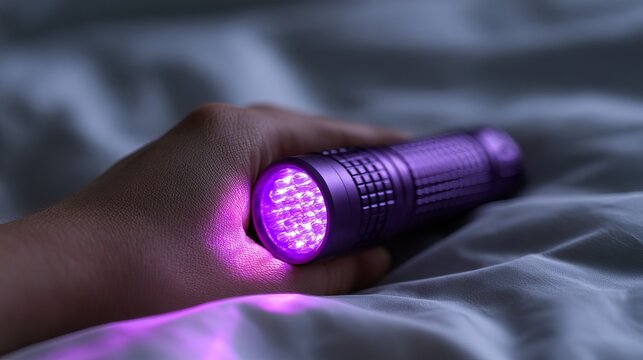 A hand holds a powerful ultraviolet flashlight emitting a vibrant purple glow against a soft, blurred gray fabric background, showcasing forensic science