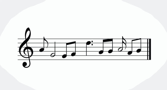 Fragment of musical sheet with black treble clef and classic notes printed on a subtle light grey oval backdrop.