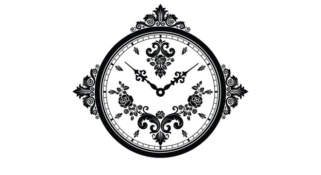 Ornate pocket watch with floral details and hands presented as a black silhouette time clock pocketwatch timepiece chronometer decorative scrollwork