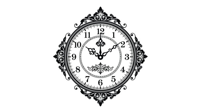 Ornate wall clock with roman numerals and decorative flourishes black vector silhouette timepiece horologe chronometer watch flourish scroll spiral numeral