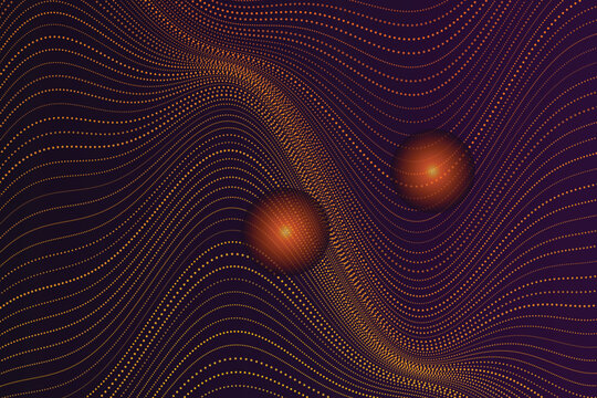 Abstract halftone wave patterns with glowing orb clusters gradient purple