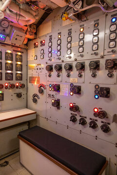 Intricate control panels of the retired HMCS Ojibwe submarine in Port Burwell, showcasing naval engineering prowess.