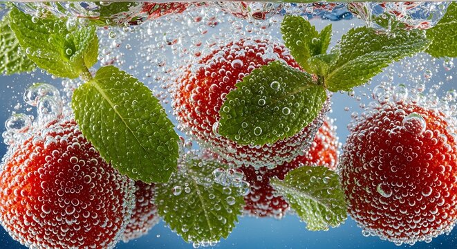 Fresh strawberries with mint leaves underwater, surrounded by bubbles in clear water.