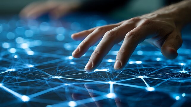 A close-up view of a hand interacting with a glowing blue digital network, representing technology, data, and future innovation concepts