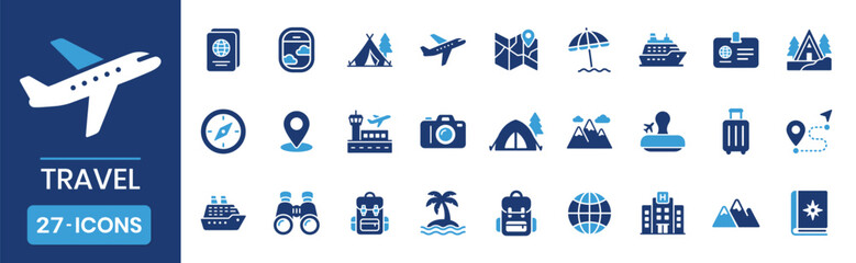 travel tourism pictogram style fill icon set passport flight ticket luggage hotel cruise ship © Icon-Hut