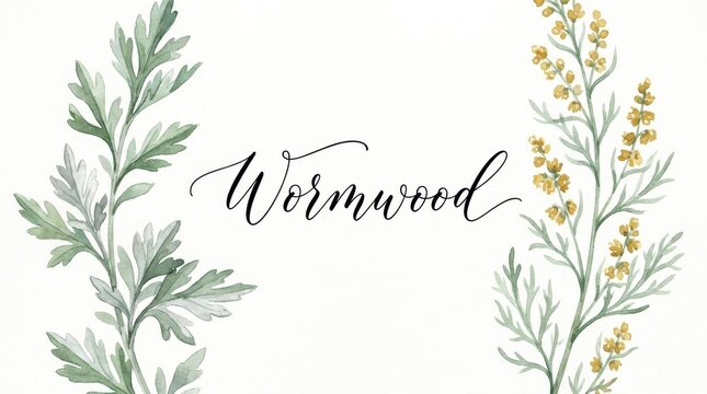 Watercolor botanical illustration of wormwood leaves and stems with wormwood