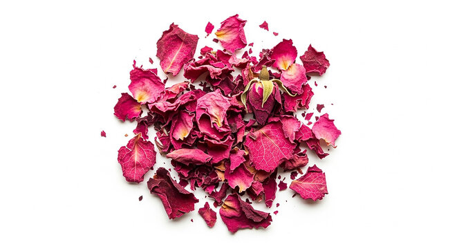 Dried Pink Rose Petals and Small Buds Scattered on a White Background dried rose petals
