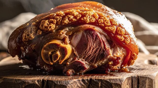 Close-up of a flavorful, roasted pork knuckle with crispy crackling skin on a wooden cutting board