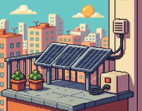 solar panels on the balcony retro pixel 8-bit design