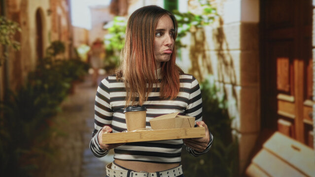 Woman with red hair holding wooden tray with coffee cup and cardboard boxes, pouting gesture in striped shirt on a narrow street; disappointment.