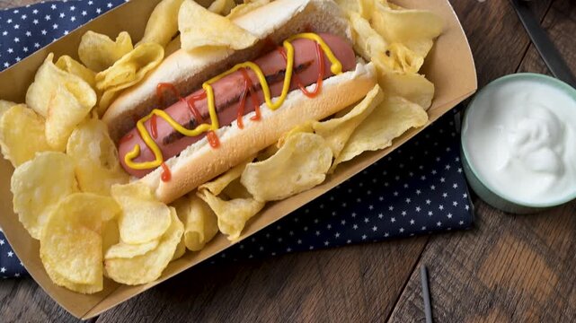 Panning from left bottom to upper right, across a wooden picnic table, then rotating over a grilled hot dog topped with mustard and ketchup