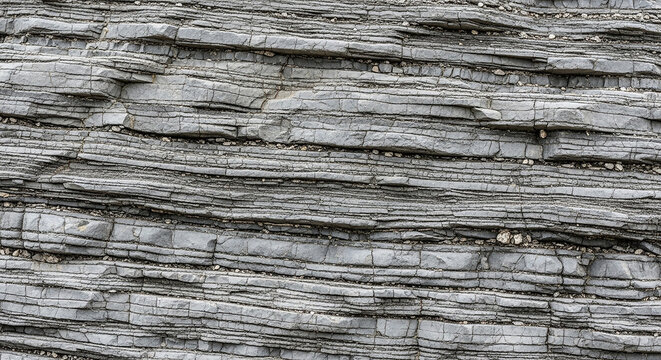 Detailed close-up of grey layered sedimentary rock with fine horizontal lines and small pebbles embedded in the stone