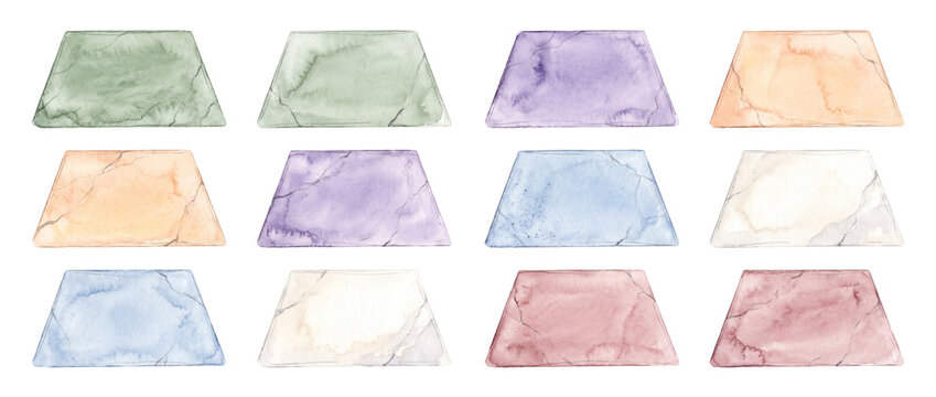 Watercolor trapezoid texture stone tiles set isolated on black background for graphic design. Geometric marble textured pastel color swatches element collection in minimalist artistic style.