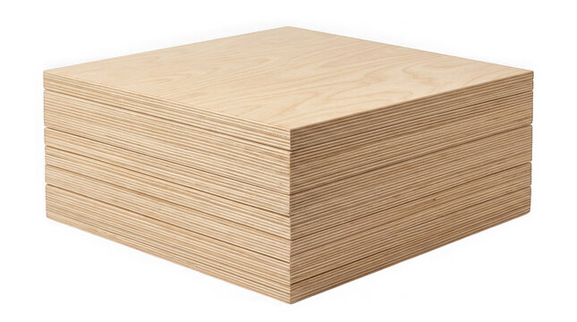 Large stack of plywood sheets isolated on transparent background for construction and furniture making.