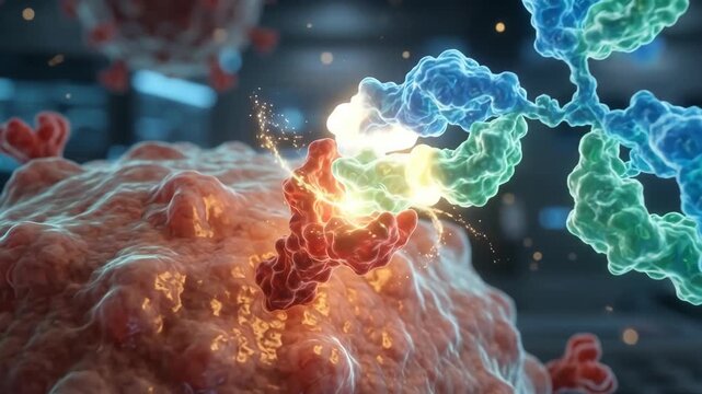 Detailed microscopic view of antibodies attaching to antigens within a laboratory setting